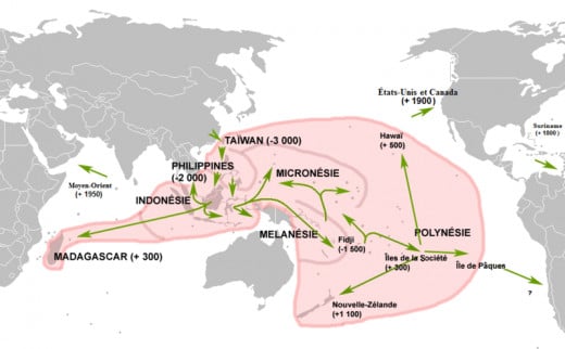 A map recording the expansion of the Polynesian people out of Taiwan and across the Pacific and Indian Ocean.