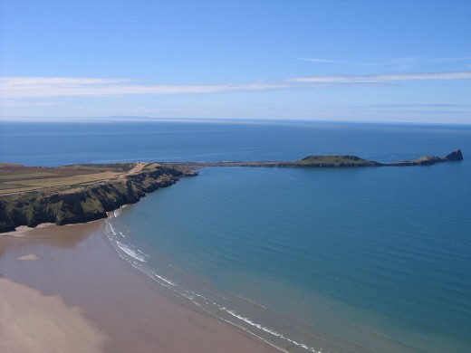 View of Worm's Head from the hill at Rhossili bay