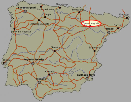 Map of the Roman Province, Hispania, showing the location of Caesaraugusta, now known as Zaragosa, which is the same name with a different spelling.