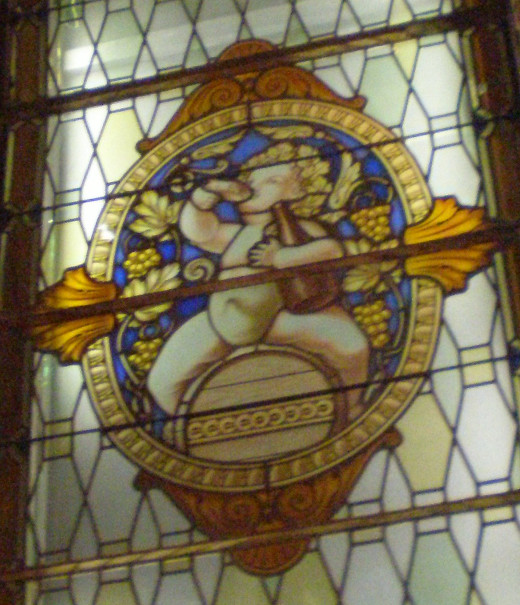 Stained glass decoration on a former Camelite convent. The convents used to be major wine producers in the region.