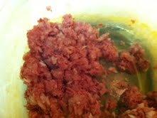 Dried beef and onion chopped up small together.