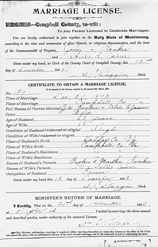 Marriage License of John Henry Roakes and Alice Elizabeth Joiner