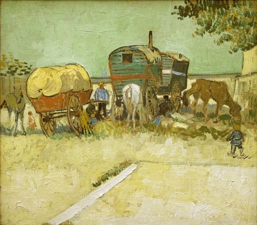 Vincent van Gogh's "Encampment of Gypsies with Caravans" is in the public domain in the United States and those countries with a copyright term of life of the author plus 100 years or less.