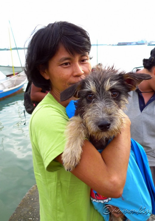 Sabrina during one moment with a new dog she rescued from Pulau Ketam