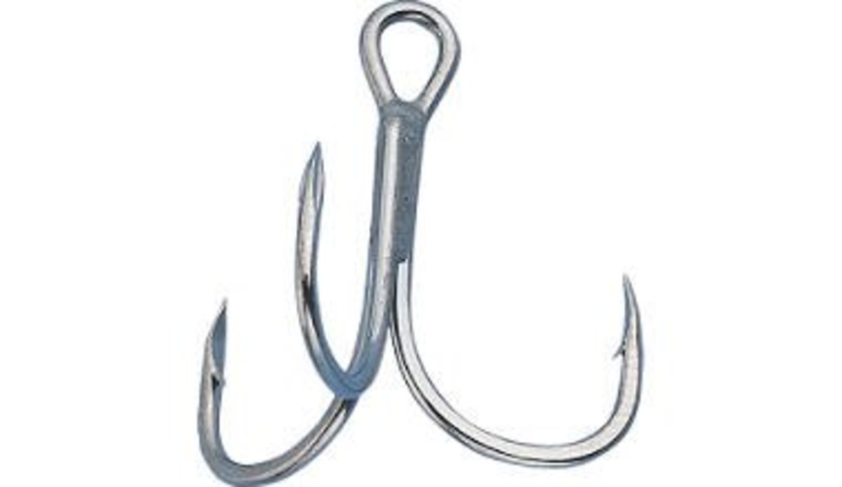 A standard Treble Hook from Owner. Two of the hook profiles are bent into position, the third is welded into place.