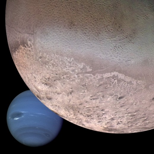 Triton as it would look on an approach to Neptune. Triton also has a thin atmosphere that can cause winds on the surface of the moon.
