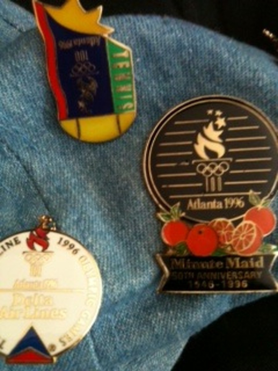 This writer wore the spoils of 1996 Olympic pin trading on her Olympic hat.