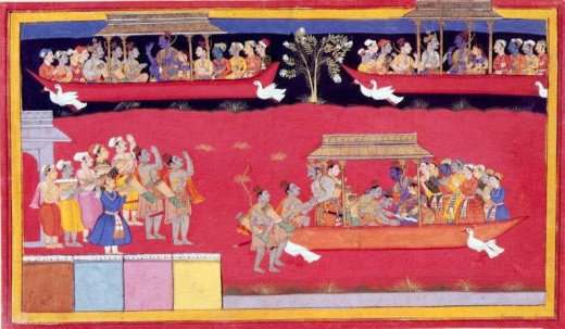 Rama and his celestial flying machines the "Pushpak Vimana" depicted here as boats held aloft by birds.