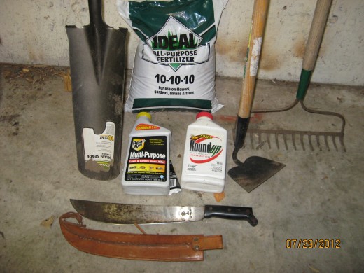 Spade (or shovel), hoe, rake, machete, balanced fertilizer, insecticide and herbicide.