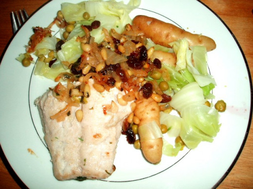a fantastic tasty and healthy meal. Barramundi, Pink Fir potatoes and pointy cabbage.