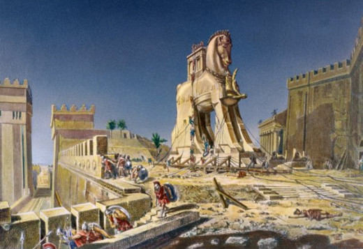 Beware of Greeks bearing gifts. A painting of the Trojan Horse.