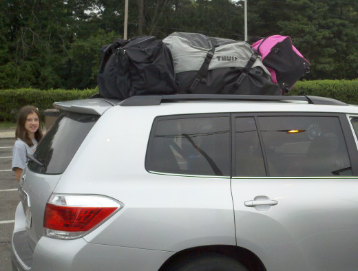 Bags strapped on the top.  The Highlander drives nice, but offers very little luggage room!
