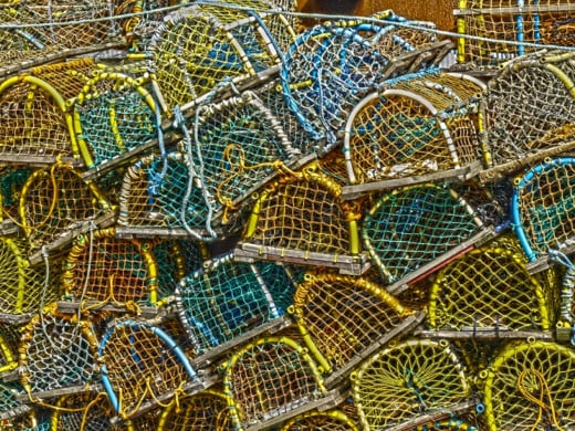 Lobster pots stacked in the harbour at Hartlepool.