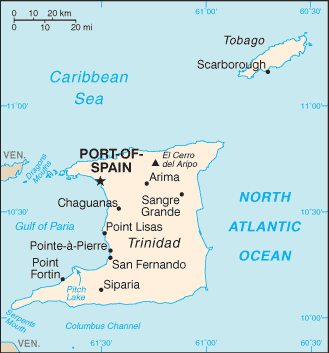 Tobago to the north of Trinidad