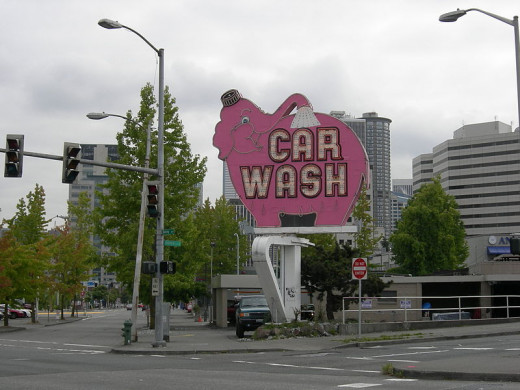 A unique car wash sign in Seattle, Washington