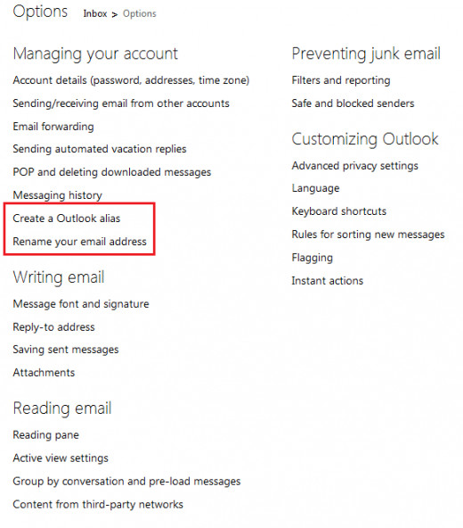 List of Email settings