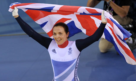 Victoria Pendleton celebrates after winning gold in the women's kierin at the London 2012 Olympics