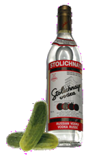 A bottle of STOLICHNAYA with two cucumbers