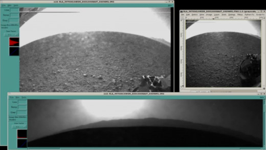 Same photo as above. Top with glare damped to bring out ground details. Bottom, foreground is masked out, contrast tweaked to show rim of Gale Crater under setting sun. It's a 180 degree view because of fish eye lens. (I think right is raw file)