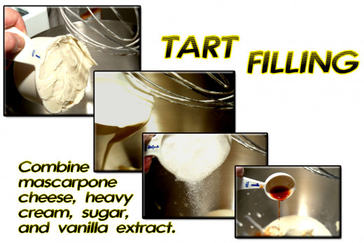 Start the filling by combining mascarpone cheese, sugar, vanilla, and heavy cream.