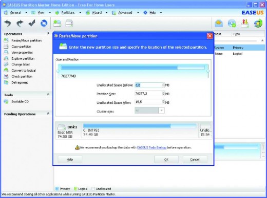Partition resizing options from Easeus Partition Master.