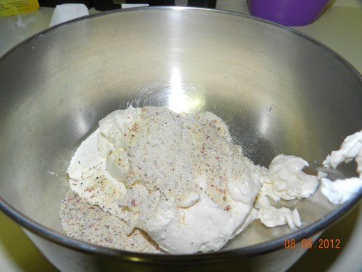 Mix the mayonnaise and the dressing mix with the cream cheese.
