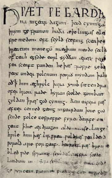 The first page of the Beowulf manuscript.
