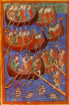 An image from the 12th century "Miscellany on the Life of St. Edmund" showing the Danish invasion of England.