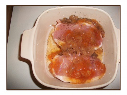 Picture: chops with orange-rhubarb marmalade preserves poured on top for glaze. 