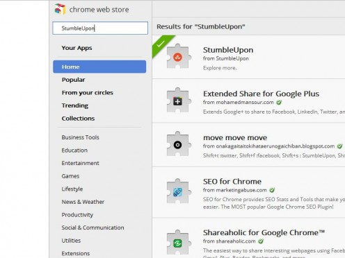 Screenshot of Google Chrome Web Store to Download StumbleUpon extension.