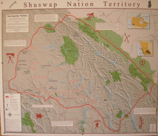 Map of Shuswap Nation Territory, around Lake Shuswap, BC.  The Shuswap First Nation claims traditional territory covering a huge part of the southern BC Interior.