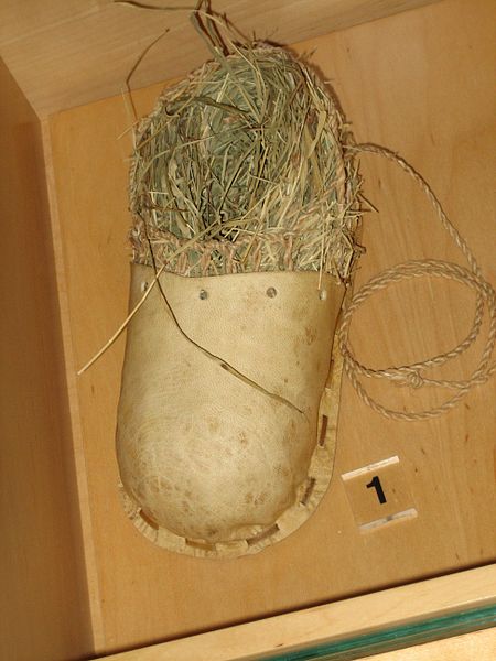 This reproduction of a prehistoric shoe was photographed at the Bata Shoe Museum by Sheila Thompson on February 28, 2006.