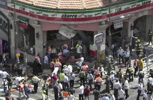 Sbarro pizza restaurant bombing in Jerusalem, in which 15 Israeli civilians were killed and 130 were wounded by a Hamas suicide bomber.