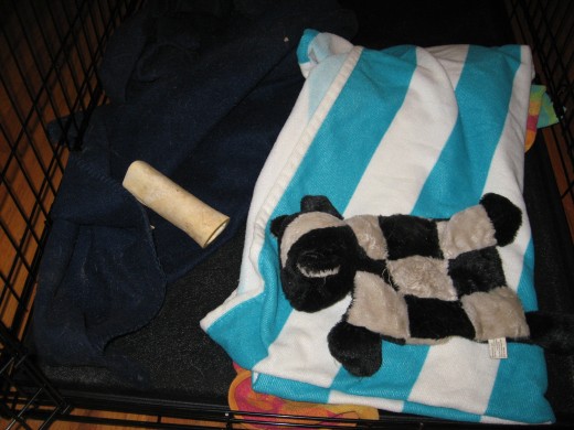 Dog Crate Training includes making the cage as comfortable as possible, with blankies and toys.