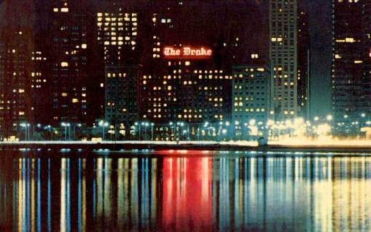 Vintage 1960s postcard of The Drake as taken from North Avenue pier.  The pink neon sign still shines over the water today.