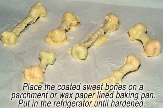 Put the coated treats on a lined baking pan, then place in the refrigerator until hardened.