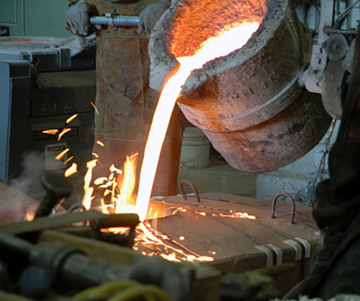 Pouring bronze into mold