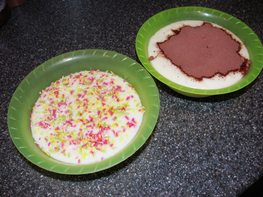 2 serves of Semolina Pudding - My favourite: with rainbow sprinkles and Daniel's: cocoa powder (lots of it)