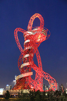 The ArcelorMittal Orbit by Anish Kapoor. It stands proudly beside the Olympic Stadium. Visitors ascend by an elevator and walk down the winding outside staircase.