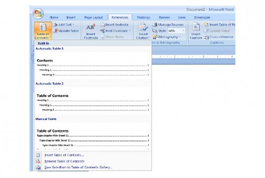Illustrates the default Table of Content types available in Word 2007.