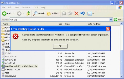 Typical Windows error: a file cannot be deleted if it is in use.