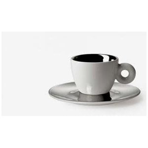 The artist, Anish Kapoor, designed a cup and saucer set which has a platinum saucer with a hole in the centre that sits on top of the cup. As described in illy website literature, "the flickering reflections become form and touch on themes such as do