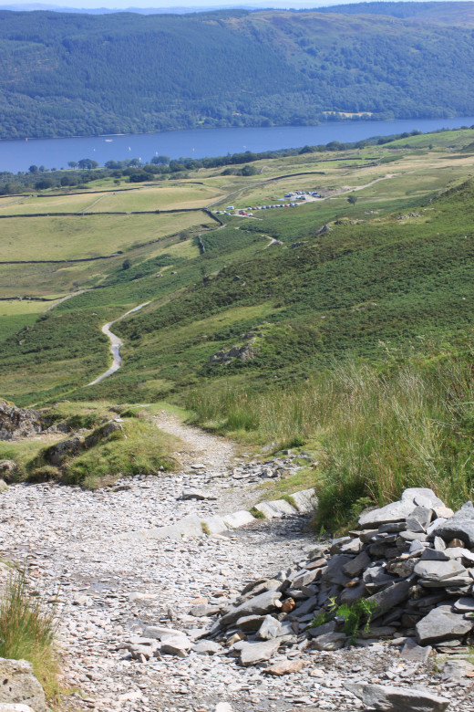 Keep following the path ahead towards Coniston. Aheead is the Car Park at the top of the Walna Scar Road as the path veers to the right (we need to stay straight on)