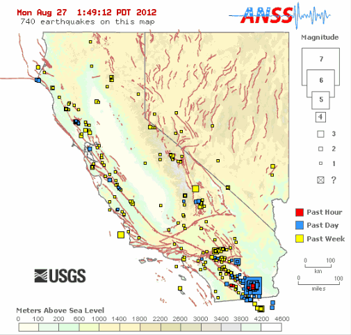 California map that demonstrates the intensity of the recent earthquake storm or swarm near the southern California town of Brawley.