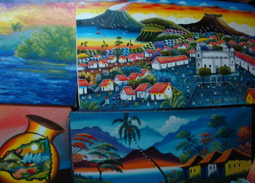 Stylized scenery paintings that are typical of Nicaragua, from the main market.