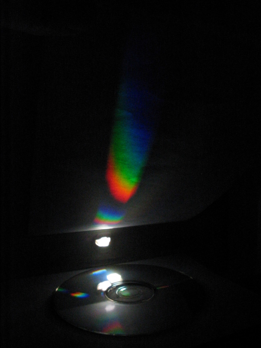 You can see the colors in white light very easily using a CD.  Get a compact disk out and look at the colors made by the light.  Try the green lamp from the experiments.  It will look different from the white light.