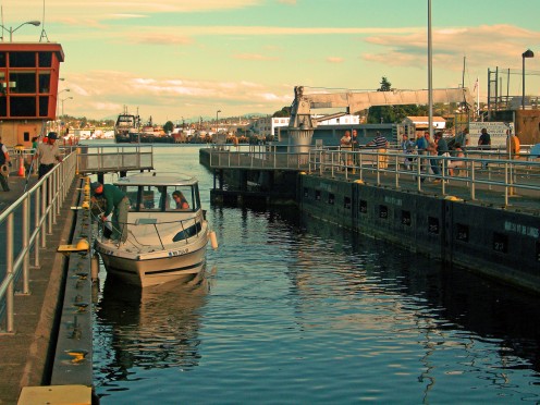 Boat traveling through the Ballard Locks