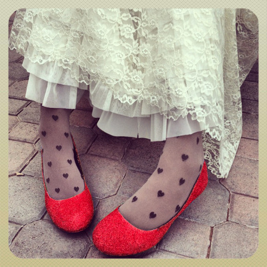 Tights with hearts and red glitter heels