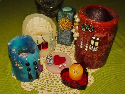 Earring display using different types of candles and different style earrings.  Works for post earrings as well as hooks.
