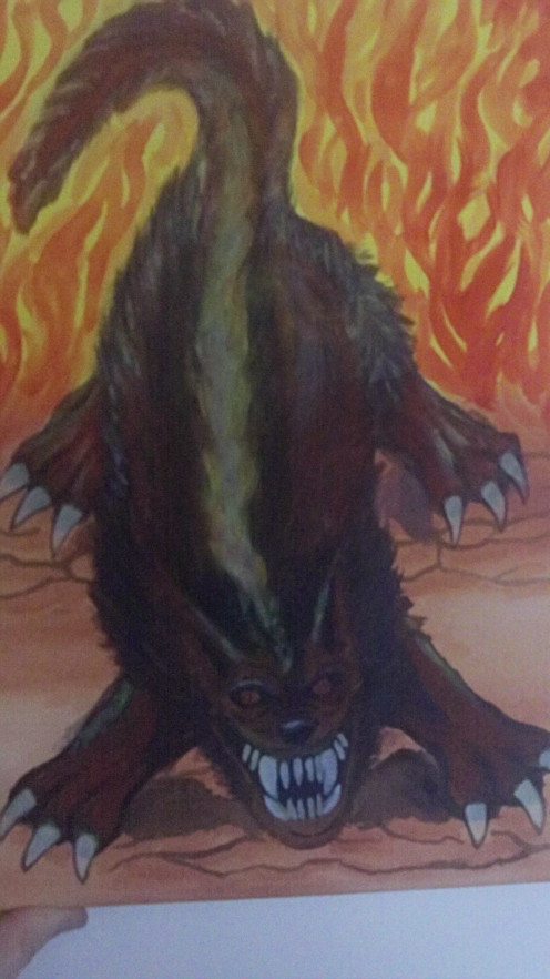 A Hellhound acrylic painting by Artist Wayne Tully.